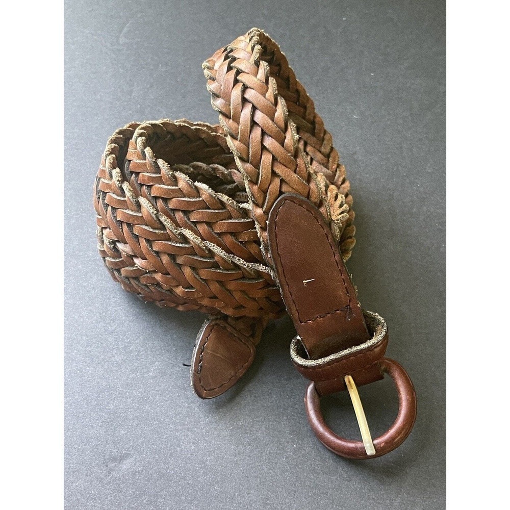 Mens Top Grain Leather Braided Woven Brown Dress Belt Size 38” Casual Dress